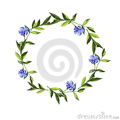 Elegance blue flowers and green leaves round frame. Watercolor illustration. Cartoon Illustration