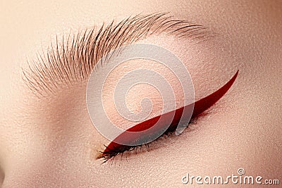 Elegance close-up of beautiful female eye with fashion trend bright colors eyeshadow and eyeliner. Macro shot of beautiful Stock Photo