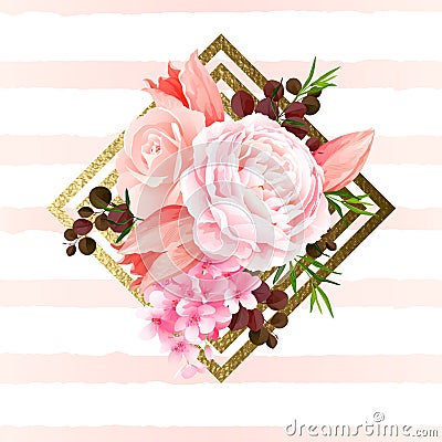 Elegance flowers bouquet of color roses and tulips. Composition with blossom flowers on the geometric design element Vector Illustration