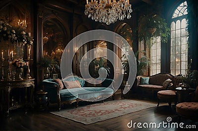 Elegance Illuminated, A Luminous Haven of Opulent Furnishings in a Radiant Living Room Stock Photo