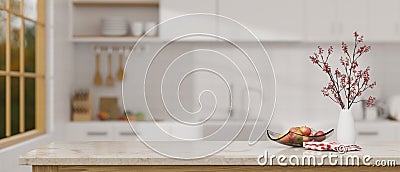Elegance marble kitchen tabletop with decors and copy space over blurred kitchen background Cartoon Illustration