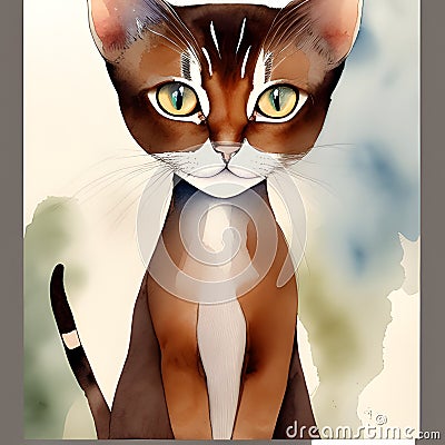 Elegance Personified - A Sleek Abyssinian Cat in Watercolor Stock Photo