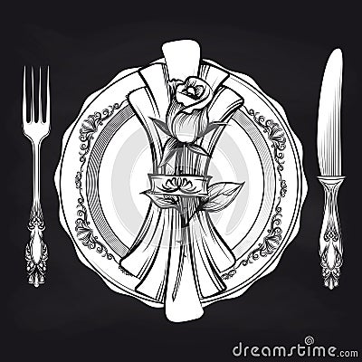 Elegance romantic table setting on blackboard Vector Illustration