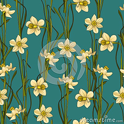 Elegance Seamless pattern with flowers daffodils, vector floral illustration in vintage style. Blue-green background Vector Illustration