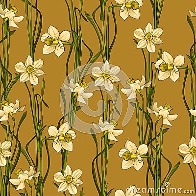 Elegance Seamless pattern with flowers daffodils, vector floral illustration in vintage style Vector Illustration