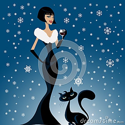 Elegance woman and cat Vector Illustration