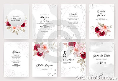 Elegant abstract background collection. Wedding invitation card template set with watercolor and floral decoration. Flowers Vector Illustration
