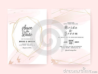 Elegant abstract background. Wedding invitation card template set with watercolor splash and geometric frame. Brush stroke for Vector Illustration