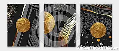 Elegant abstract wall art triptych. Composition in black, white, grey, gold. Space, planet concept. Stones shapes. Vector Illustration