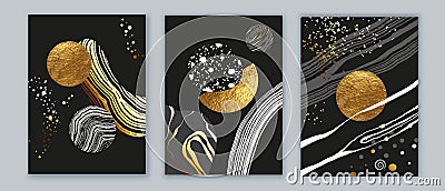 Elegant abstract wall art triptych. Composition in black, white, grey, gold. Space, planet concept. Stones shapes. Vector Illustration