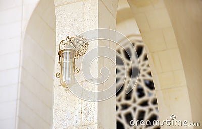 Elegant ancient lamp in grand mosque, Bahrain Stock Photo
