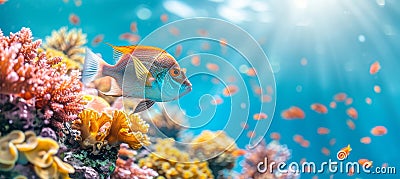 Elegant anthias fish swim among vibrant corals in a stunning saltwater aquarium display. Stock Photo