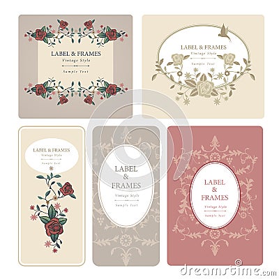 Elegant antique vintage style labels with decoration of birds and embroidered roses Vector Illustration