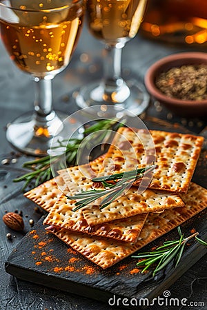 Elegant Appetizer Spread with Crispy Crackers, Fresh Rosemary, and White Wine on a Rustic Table Stock Photo