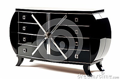 Elegant Art Deco Dresser: Black Lacquered Finish and Mirrored Panels Stock Photo