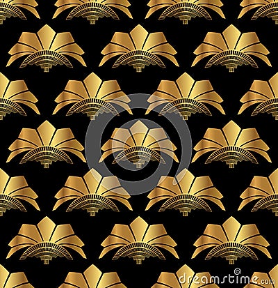 Elegant Art Deco Gold Seamless Pattern with Fans Vector Illustration