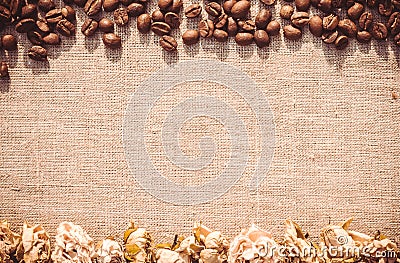 Elegant background. Coffee bean and dried rose Stock Photo