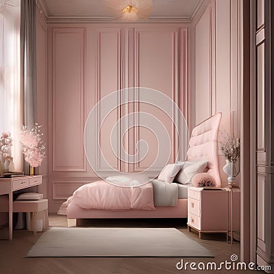 An elegant ballerina-themed bedroom with a ballet barre, tutu-inspired decor, and soft pink hues3 Stock Photo