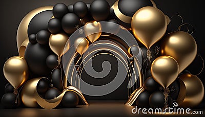 Elegant balloons arch made with black and gold inflatable balloons. Created with Generative AI technology Stock Photo