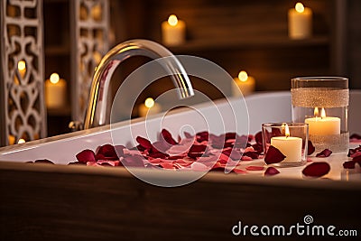 Elegant bath filled with rose petals and scented candles. Generative AI Stock Photo