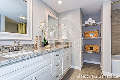 Elegant bathroom with long white vanity cabinet Stock Photo