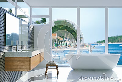 Elegant bathroom with panoramic window. 3d render. Stock Photo