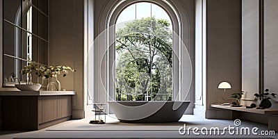 Elegant bathroom with white and beige walls, with bathtub and dark parquet floor Stock Photo