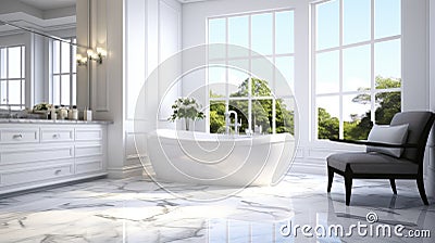 Elegant bathtub in minimalist bathroom with white marble floor, panoramic windows, quiet luxury Stock Photo