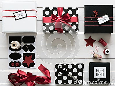 Elegant and beautiful black, red and white christmas presents Stock Photo