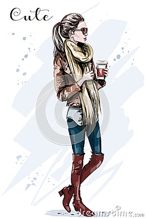 Elegant beautiful young woman with paper coffee cup. Hand drawn fashion woman. Vector Illustration