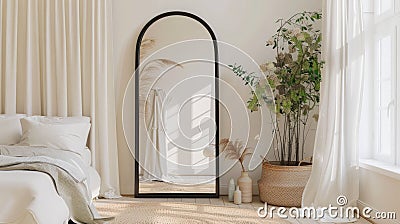 an elegant bedroom adorned with a large black arch mirror, accompanied by a small white wicker basket filled with items Stock Photo