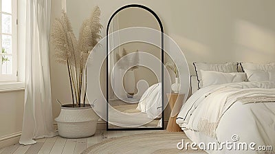 an elegant bedroom adorned with a large black arch mirror, accompanied by a small white wicker basket filled with items Stock Photo