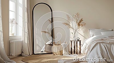 an elegant bedroom adorned with a large black arch mirror, accompanied by a small white wicker basket filled with items Stock Photo