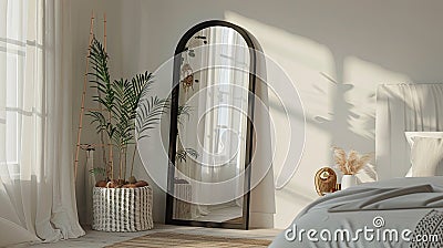 an elegant bedroom adorned with a large black arch mirror, accompanied by a small white wicker basket filled with items Stock Photo