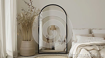 an elegant bedroom adorned with a large black arch mirror, accompanied by a small white wicker basket filled with items Stock Photo