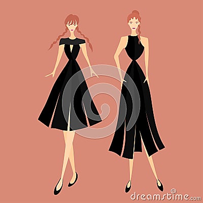 Elegant black dress for twins girl Vector Illustration