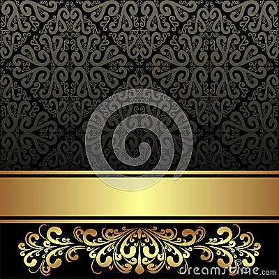 Elegant black ornamental Background with golden Ribbon and floral Border Vector Illustration