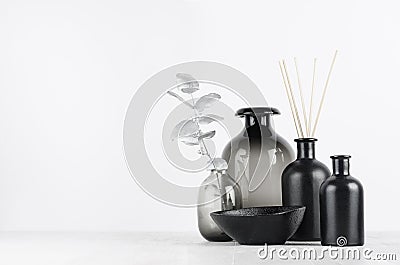 Elegant blank black bottles, glass vase for home decor on soft light white wood table with silver leaves as template. Stock Photo