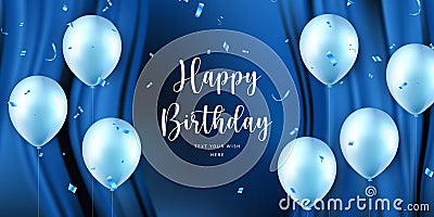 Elegant blue ballon and silk curtain background Happy Birthday celebration card banner template Vector Illustration