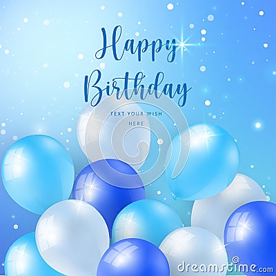 Elegant blue ballon with winter snow shiny sky background Happy Birthday celebration card banner template Vector Illustration