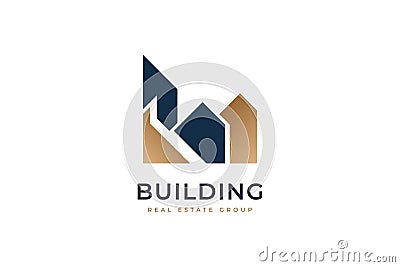 Elegant Blue and Gold Real Estate Logo Design. Minimalist Building Logo Vector Illustration