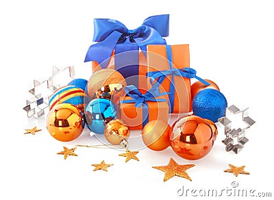 Elegant Blue and Orange Christmas Items Stock Photo