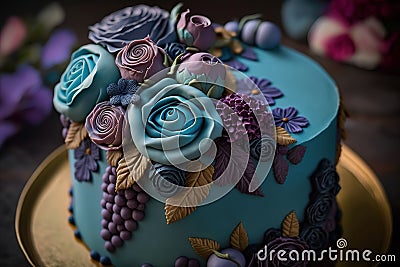 Elegant blue and purple flowered Birthday cake. Gourmet patisserie. Cartoon Illustration