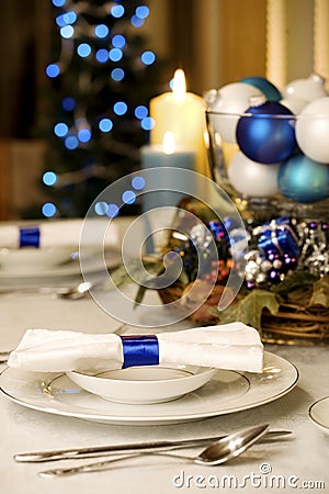 Elegant blue and white Christmas table Stock Photo