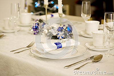 Elegant blue and white Christmas table Stock Photo