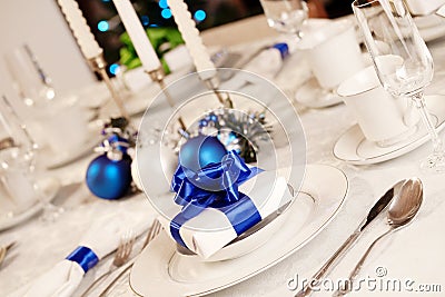 Elegant blue and white Christmas table Stock Photo