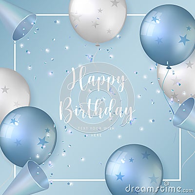 Elegant blue white silver ballon and party popper ribbon Happy Birthday celebration card banner template background Vector Illustration