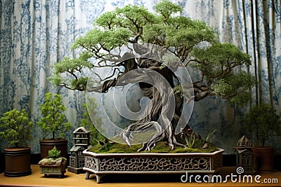 elegant bonsai tree with intricate branches against a garden backdrop Stock Photo