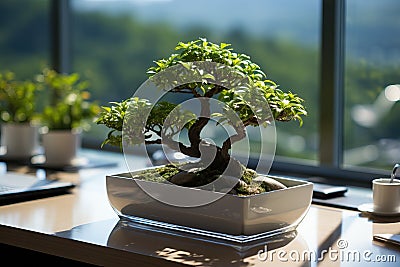 Elegant bonsai tree serving as tranquil office decor with a view. Stock Photo