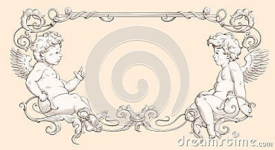 Elegant border frame with cupids for wedding, Valentine`s day and other holidays. Style of vintage engraving with Baroque ornament Vector Illustration